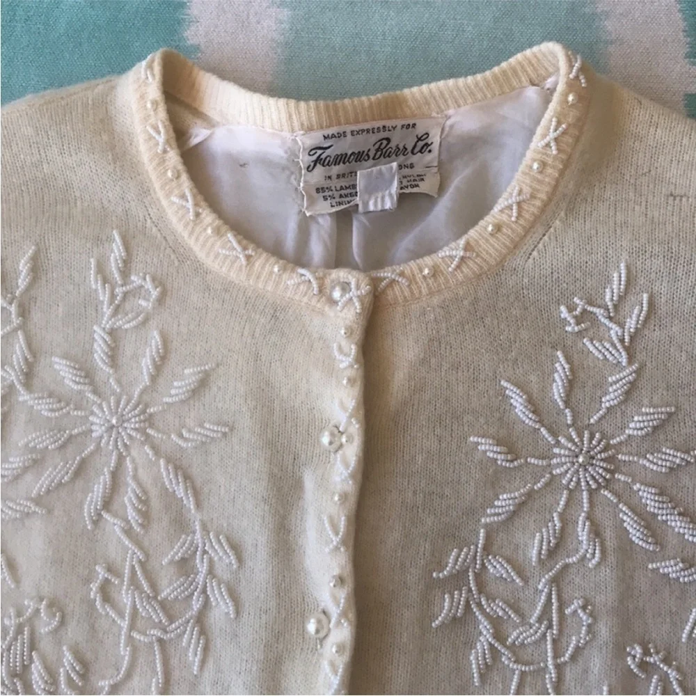 Vintage Beaded Angora Lambswool Cardigan Pearl Button Floral Knit - Picture 2 of 13